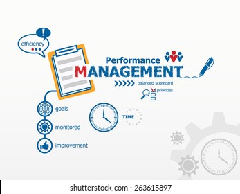 Performance management and notebook. Hand writing Performance management with blue marker