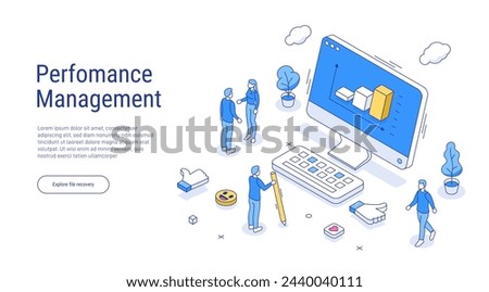 Performance management outline isometric concept. Character managing work task, setting goals and objectives to professional development, personal improvement and growth. 3d Vector line illustration.