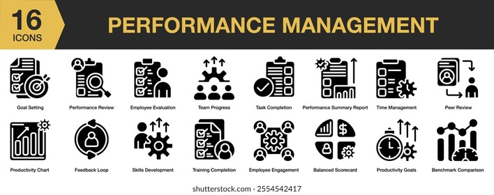 Performance Management solid icon set. Includes goal setting, review, team, task, management, engagement, and More. Solid icons vector collection.