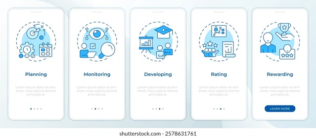 Performance management system blue onboarding mobile app screen. Walkthrough 5 steps editable graphic instructions with linear concepts. UI, UX, GUI template