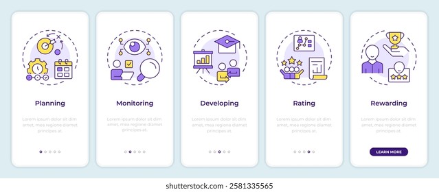 Performance management system onboarding mobile app screen. Walkthrough 5 steps editable graphic instructions with linear concepts. UI, UX, GUI template