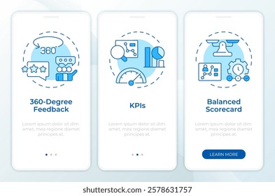 Performance management tools blue onboarding mobile app screen. Walkthrough 3 steps editable graphic instructions with linear concepts. UI, UX, GUI template