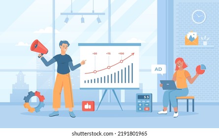 Performance marketing. Advertising campaign, Promotion strategy. Business analysis for attracting customers and sales. Flat cartoon vector illustration with people characters for banner, website