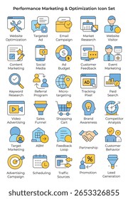 Performance Marketing Otimization Icon Set Target Ads, SEO, Lead Generation, Feedback Loop, ABM Funil Strategy (Conjuntos de ícones de otimização de marketing de desempenho, SEO, geração de leads, Loop de feedback, Estratégia de funil ABM) 