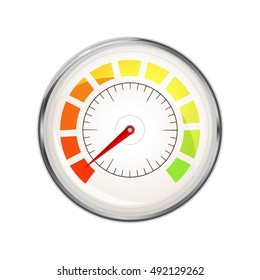 Performance measurement indicator with zero value, glossy metal speedometer icon isolated on white