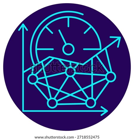 Performance Metrics Icon. Minimalistic neon outline on a dark blue round background. A stylish vector illustration combining a neural network, a growing line graph, and a gauge-speedometer, symbolizing AI model evaluation, quality assessment, system monitoring, and key performance indicator (KPI) tracking