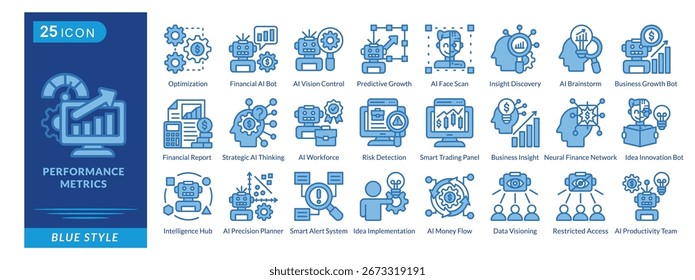 Performance Metrics icon set in blue style, featuring Strategic Thinking, AI Workforce, Risk Detection, Smart Trading, Insight, and Innovation.