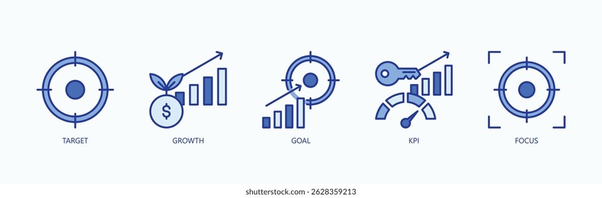Performance Metrics Icon Set Isolated Vector With Icon Of Target, Growth, Goal, Kpi, Focus In Blue Style