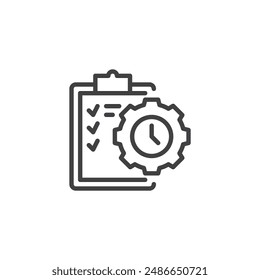 Performance Metrics line icon. linear style sign for mobile concept and web design. To do list with gear and clock outline vector icon. Symbol, logo illustration. Vector graphics