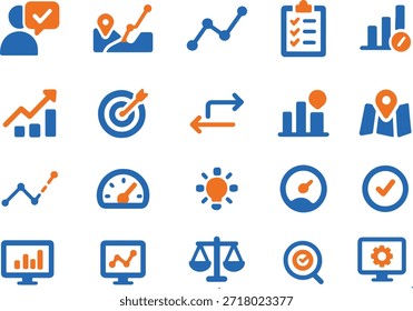 Métricas de rendimiento de seguimiento de ubicación, gestión de tiempo y control de calidad conjunto de iconos con lista de comprobación de símbolos de equilibrio de velocímetro