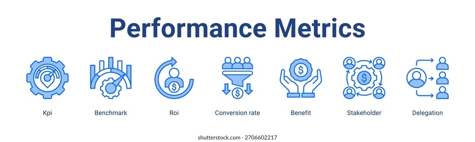Concepto de Ilustración vectorial de íconos de Anuncio de Web de métricas de rendimiento con Kpi, Benchmark, Roi, tasa de conversión, beneficio, partes interesadas y delegación en un conjunto de colecciones.