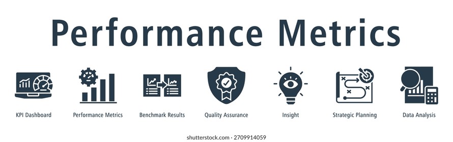 Leistungsmetriken Web-Banner-Symbol, Vektorgrafik-Konzept mit Symbol für KPI-Dashboard, Leistungsmetriken, Benchmark-Ergebnisse, Qualitätssicherung, Einblick, strategische Planung und Datenanalyse.