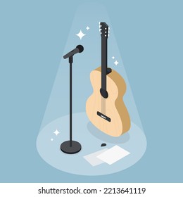 Performance microphone and guitar isometric vector illustration. Audio equipment for acoustic professional voice sound in spotlight. Mic device on holder musical entertainment, attention at stage.