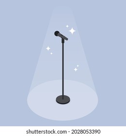 Performance microphone isometric vector illustration. Shining audio equipment for acoustic professional loud voice sound. Mic device on holder musical entertainment, event leading, attention at stage