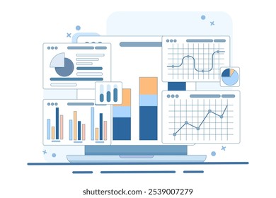 Conceito de monitorização do desempenho. Resultados da investigação e análise de dados. Painel de controle que exibe dados de crescimento e gráficos estatísticos. Dispositivo com relatórios financeiros na tela. Ilustração de vetor plano.