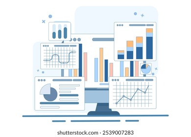 Conceito de monitorização do desempenho. Resultados da investigação e análise de dados. Painel de controle que exibe dados de crescimento e gráficos estatísticos. Dispositivo com relatórios financeiros na tela. Ilustração de vetor plano.