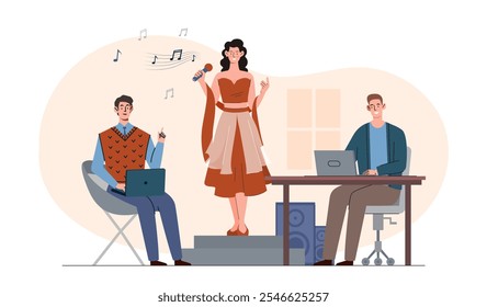 Actuación en competición de música. Hombres con computadora portátil se sientan frente al escenario y evalúan la actuación de los cantantes. Talento en la escena. Diversión y entretenimiento. Ilustración vectorial plana aislada sobre fondo blanco