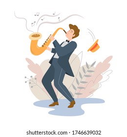 Performance of musician, Jazz saxophonist. Vector illustration.
