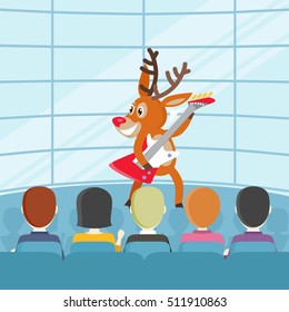 Performance on talent show cartoon concept. Joyful horned reindeer dancing and playing on electrical guitar on concert for public or jury flat vector illustration. Music competition, listening rock