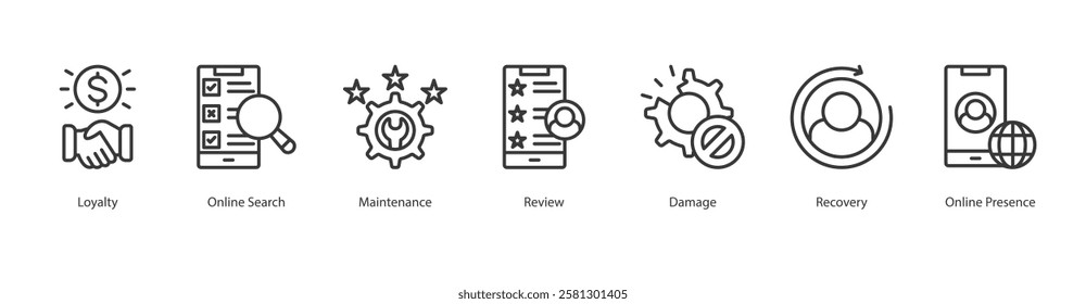 Performance Outlin Icon Sheet Loyalty, Online Search, Maintenance, Review, Damage, Recovery, Online Presence