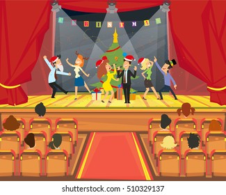 the performance of people at the New Year corporate parties on the stage. vector illustration.