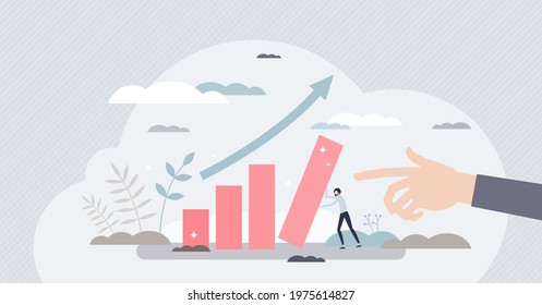 Performance progress or improvement with financial growth tiny person concept. Company profit chart boost and efficiency acceleration vector illustration. Leadership work effort results in graphic.