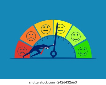 Performance rating. Businessman trying to push up rating gauge 