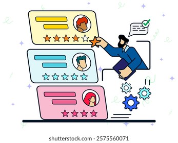 Performance rating concept. Man of director bring star symbol to giving for employee profile. Review, high quality, evluation, reputation. Cartoon flat vector illustration. 