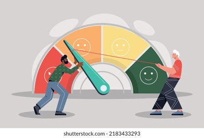 Performance rating concept. Men near scale with gradation, buyers evaluate goods and services on Internet. Marketing indicator. Consumer opinion, customer feedback. Cartoon flat vector illustration