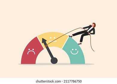 Performance rating or customer feedback, credit score or satisfaction measurement, quality control or improvement concept, strong businesswoman pull the string to make rating gauge to be excellent.
