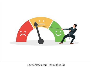 Performance rating or customer feedback, credit score or satisfaction measurement, quality control or improvement concept, strong businesswoman pull the string to make rating gauge to be excellent.
