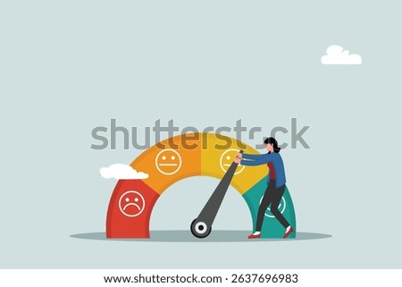 Performance rating or customer feedback, credit score or satisfaction measurement, quality control or improvement concept, strong businesswoman pull the string to make rating gauge to be excellent.