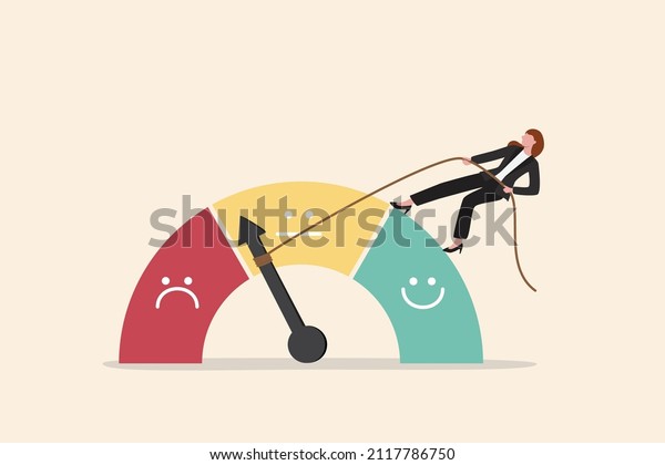Performance rating or customer feedback,\
credit score or satisfaction measurement, quality control or\
improvement concept, strong businesswoman pull the string to make\
rating gauge to be\
excellent.