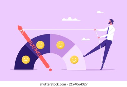 Performance rating or customer feedback, satisfaction measurement, quality control or improvement concept, businessman pull the string to make rating gauge to be excellent