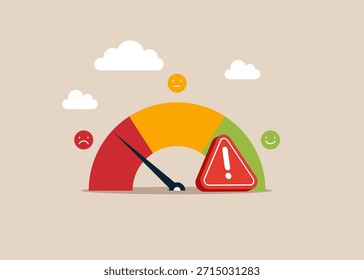 Calificación de rendimiento con signo de atención de exclamación. Comentarios del Cliente, calificación crediticia o medida de satisfacción, control de calidad o mejoramiento. Ilustración plana de Vector