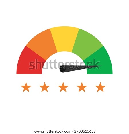 Performance Rating Gauge with Five Stars. Colorful Meter Showing Good Performance in Green Zone. Quality Evaluation Scale, Customer Satisfaction Indicator, Business KPI Dashboard, and Feedback Assessm