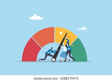 Performance rating, risk management or employee survey score, evaluation or grade assessment, employee engagement, credit score, productivity concept, business people help push measuring gauge scale.