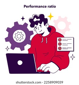 Performance ratio of key performance indicator. Employee evaluation, testing form and report, worker performance review. Staff management and development. Flat vector illustration