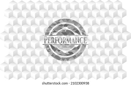 Performance realistic grey emblem with geometric cube white background. 
