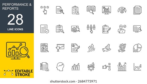 Performance and Reporting Line Icons – Editable Stroke Vector Set, Analytics, Report, KPI and Data Icons Collection, Thin Line Style