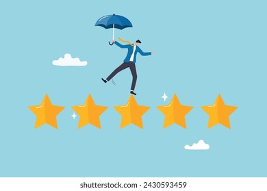 Performance review, annual employee evaluation, appraisal or rating feedback, success five stars employee, excellent feedback opinion concept, businessman balance himself on stars rating evaluation.