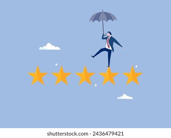 Revisión de rendimiento, evaluación anual de los empleados, evaluación o retroalimentación de calificación, éxito de cinco estrellas de empleado, excelente concepto de opinión de retroalimentación, el hombre de negocios se equilibra en la evaluación de calificación de estrellas.