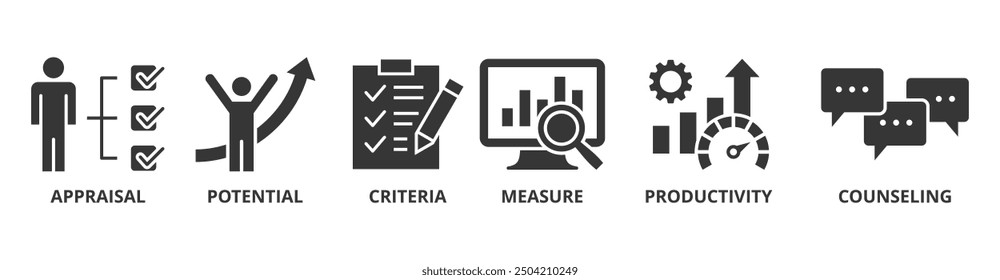 Performance review banner web icon vector illustration concept for employee job performance evaluation with an icon of appraisal, potential, criteria, measure, productivity, and counseling