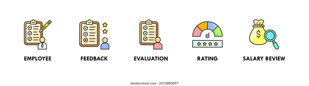 Performance Review banner web icon illustration concept with icon of employee, feedback, evaluation, rating, and salary review