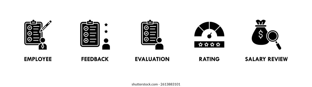 Performance Review banner web icon illustration concept with icon of employee, feedback, evaluation, rating, and salary review