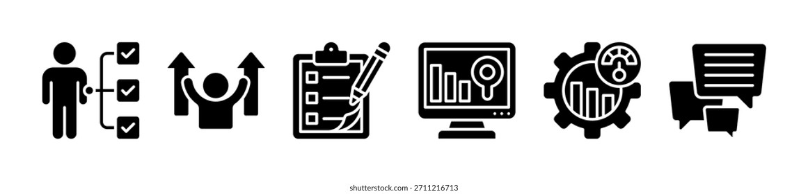 Concepto de Ilustración vectorial de íconos de Web de Anuncio de revisión de desempeño para evaluación de desempeño laboral de empleados con íconos de evaluación, potencial, criterios, medida, productividad y asesoramiento
