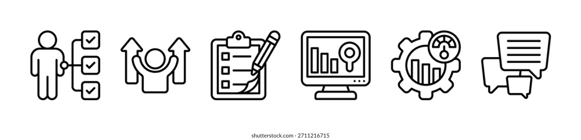Concepto de Ilustración vectorial de íconos de Web de Anuncio de revisión de desempeño para evaluación de desempeño laboral de empleados con íconos de evaluación, potencial, criterios, medida, productividad y asesoramiento
