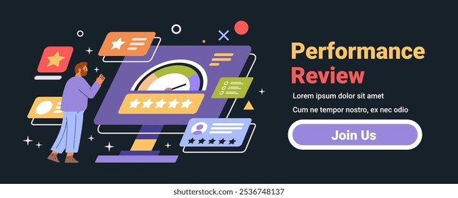 Performance review concept business analysis scene. Person analyzing data on a screen with stars charts and icons. Dark mode interface design template