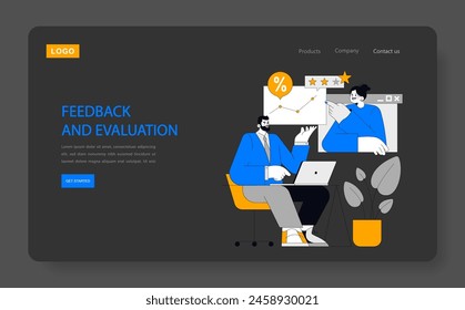 Leistungsbewertungskonzept. Ein Mann präsentiert Daten im Video-Chat mit einem Kollegen zur Rückmeldung und Auswertung. Digitale Analytik, Remote-Kommunikation. Vektorillustration.