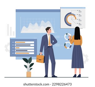 Performance review concept. Man and woman at workplace evaluate graphs and charts. Analysts conduct market research. Statistics and infographics, presentation. Cartoon flat vector illustration